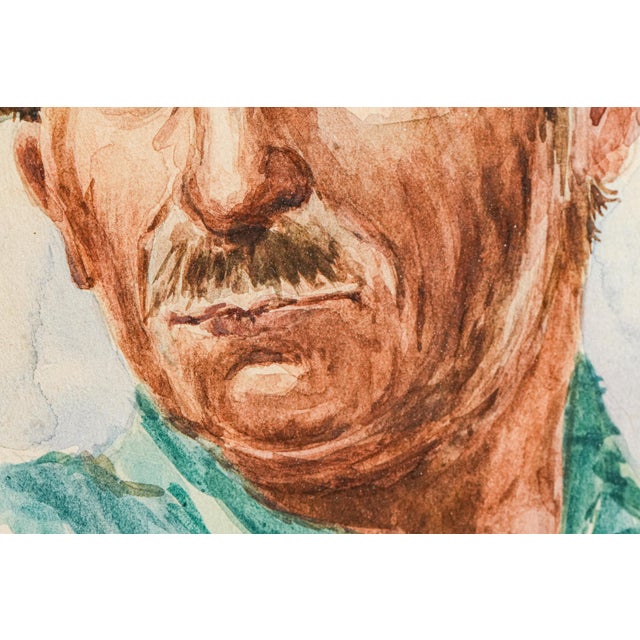 Paint Framed Mid-Century Figurative Vintage Artwork Watercolor Painting Portrait of a Man Mustache Hat For Sale - Image 7 of 12