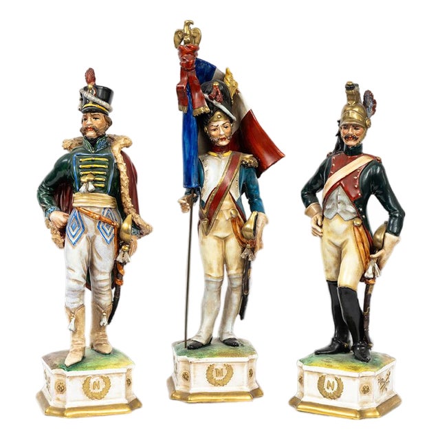 Antique 20th Century Polychrome Capodimonte Porcelain Sculptures Depicting Napoleonic Soldiers, Naples, Set of 3 For Sale