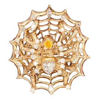 Large 14k Gold, Diamond, and Yellow Sapphire Spider & Web Brooch For Sale