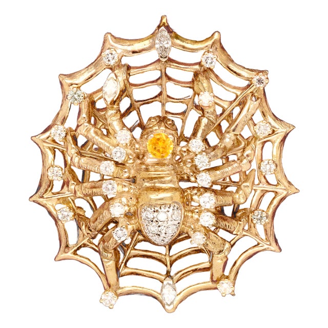 Large 14k Gold, Diamond, and Yellow Sapphire Spider & Web Brooch For Sale