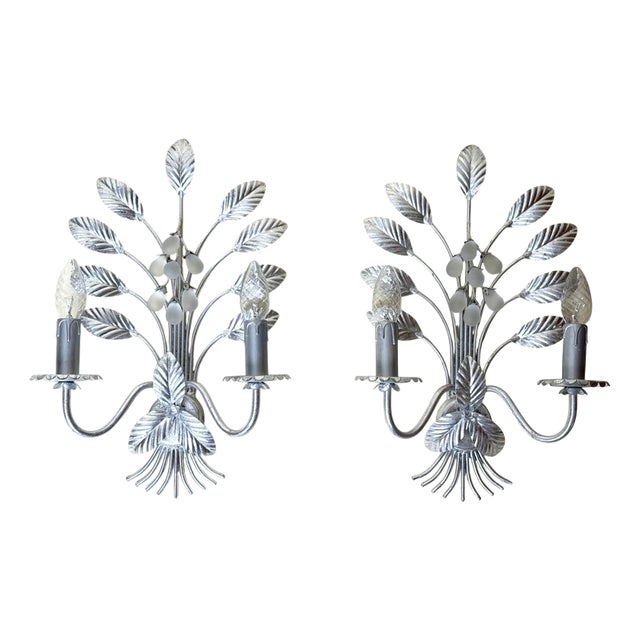 Italian Florentine Silver Leaf Wall Lights, 1970s, Set of 2 For Sale