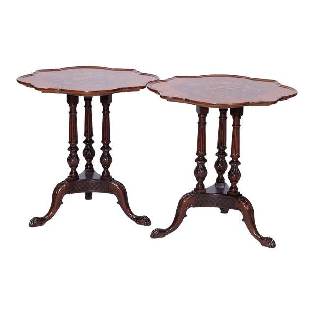Early 20th Century Heron Satinwood Marquetry Scalloped Triple Pedestal Side Tables - a Pair For Sale