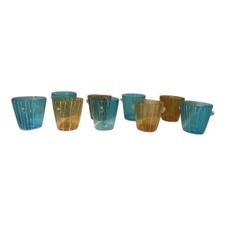 1970s Italian Venini for Disaronno Turquoise and Yellow Glass Ice Buckets -Set of 9 For Sale