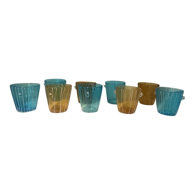 1970s Italian Venini for Disaronno Turquoise and Yellow Glass Ice Buckets -Set of 9 For Sale