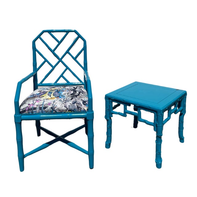 High-Gloss Peacock Blue Faux Bamboo Chair — Coordinated With Matching Side Table For Sale - Image 4 of 4