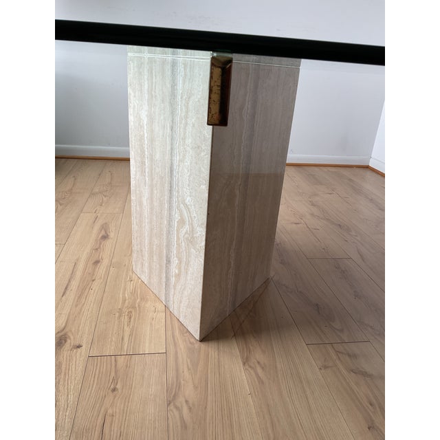 Stellar Vintage Italian Travertine Single Diamond Base Glass Dining Table For Sale In Philadelphia - Image 6 of 11