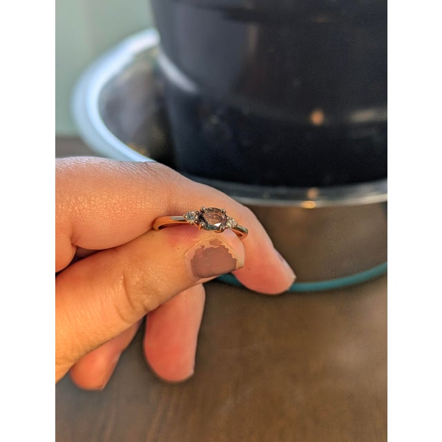 Modern Three Stone Alexandrite and Natural Diamond Ring in Solid 14k Rose Gold, Size 6.75 For Sale - Image 3 of 8