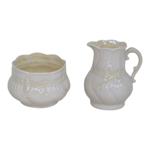 Mid 20th Century Belleek Ireland Porcelain Sugar and Creamer Pair Yellow Ribbon Pattern 4484b