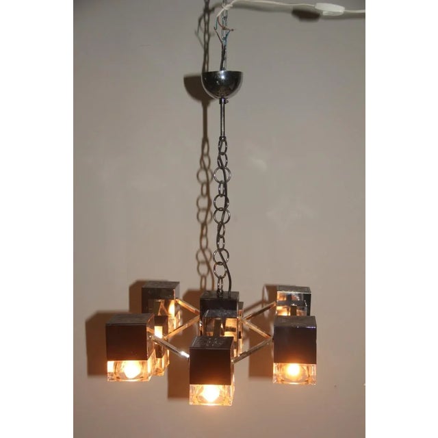 Italian Brass, Glass & Chromed Metal Cubic Chandelier by Gaetano Sciolari, 1970s For Sale - Image 3 of 14