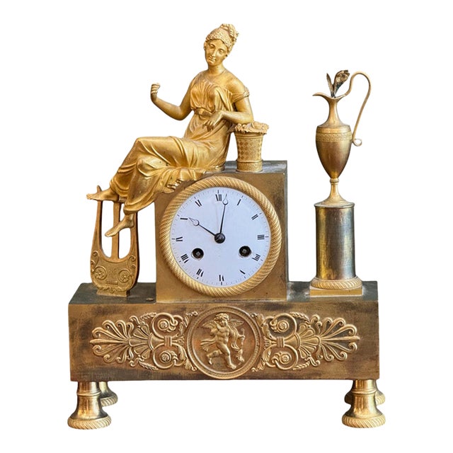 19th Century French Empire Gilt Bronze Figural Mantel Clock For Sale