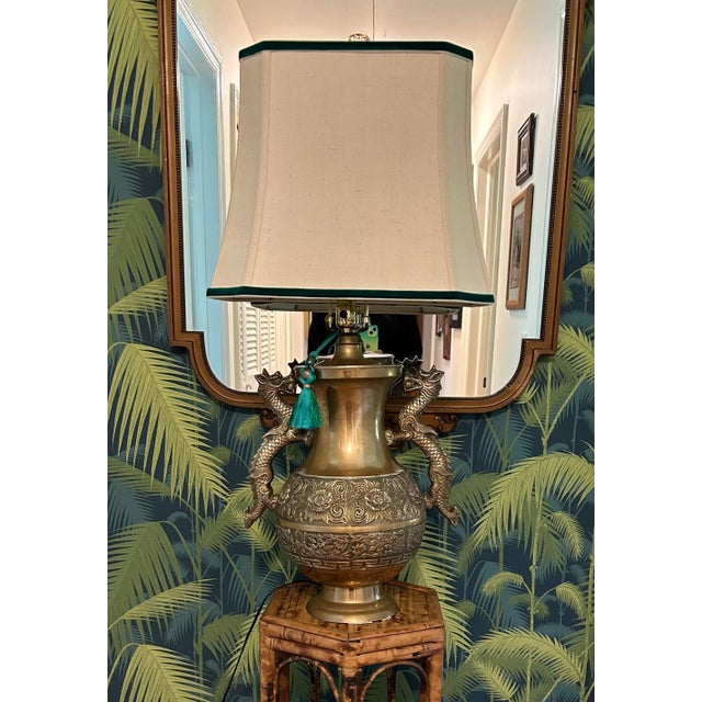 Chinoiserie 1930’s French Brass Dragon Lamp With Custom Shade For Sale - Image 3 of 13
