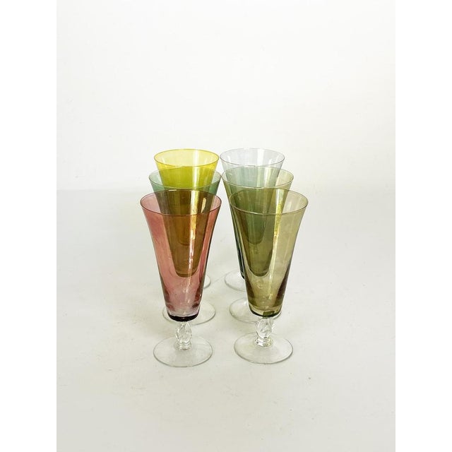 Colored Glass Champagne Coupes, France, 1970, Set of 6 For Sale - Image 12 of 13