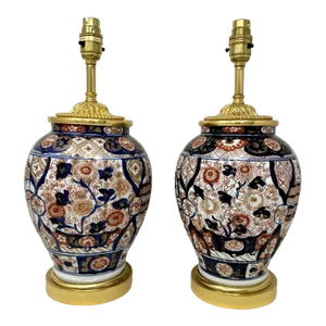 Antique Pair Japanese Chinese Imari Porcelain Ormolu Table Lamps Blue Red Gilt