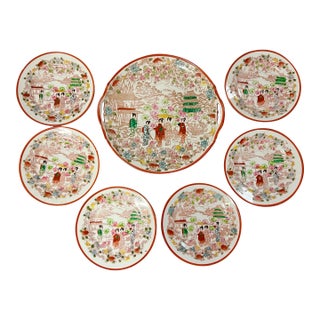 Vintage 1930s Porcelain Geisha Ware Asian Style Platter With Plates -Set of 7 For Sale
