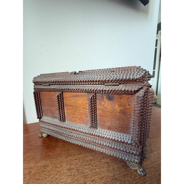 Antique Tramp Art Jewelry Box 1898, Hand Carved Wooden Chest With Mirror, Folk Art Keepsake Box, Victorian Trinket Box, Lion Pull For Sale - Image 10 of 14