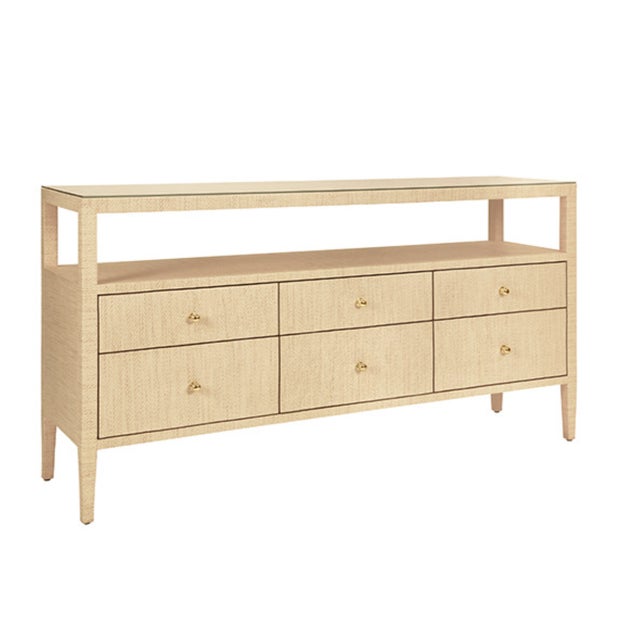Contemporary Matthew Izzo Home Jordan Natural Grasscloth Six Drawer Console Table With Glass Top and Polished Brass Knobs For Sale - Image 3 of 6