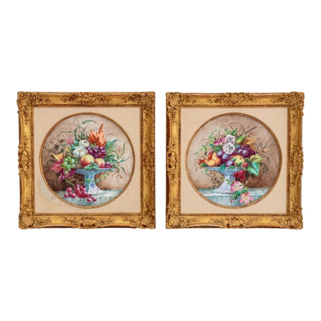 Herbert Cooper Floral Painted Porcelain Plaques, 2 For Sale