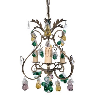 Italian Three-Light Chandelier in Brass Leaf and Murano Glass, 1950s For Sale
