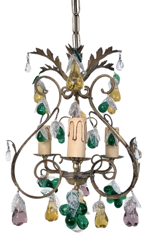 Italian Three-Light Chandelier in Brass Leaf and Murano Glass, 1950s