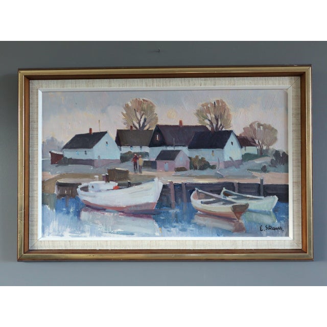 COTTAGES BY QUIET WATER Size: 15.4 x 23.2 inches (including frame) Oil on canvas A gentle mid-century scene that unfolds...