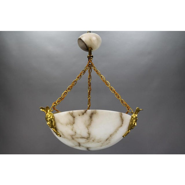 White Alabaster and Bronze Three-Light Pendant Chandelier, France, 1920s For Sale - Image 14 of 18