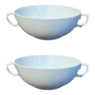 Vintage Mid Century Furstenburg German Porcelain Handled Soup Bowls in White - A Pair For Sale