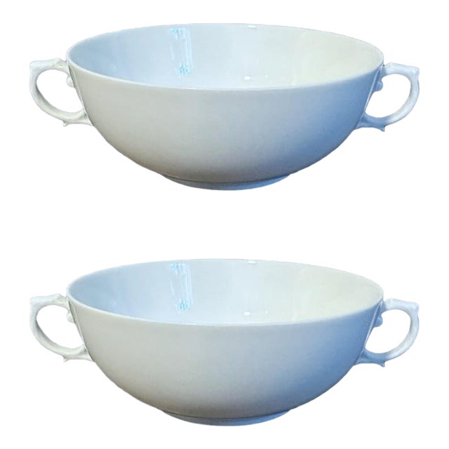 Vintage Mid Century Furstenburg German Porcelain Handled Soup Bowls in White - A Pair For Sale