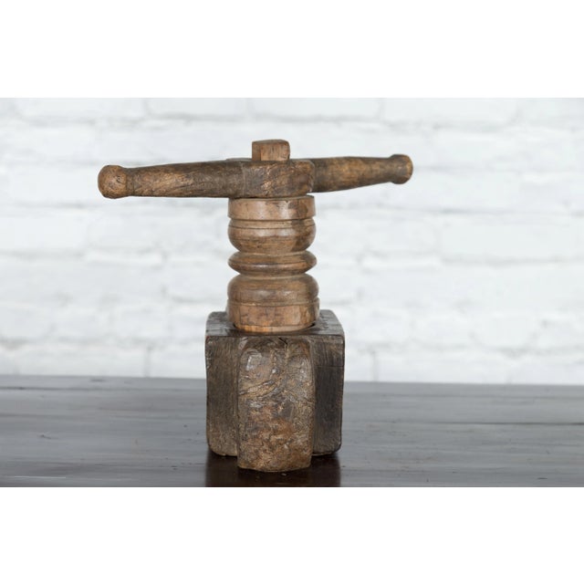 Wood Antique Indian Wooden Hand Noodle Grinder with Carved Ram and Vice Press For Sale - Image 7 of 10