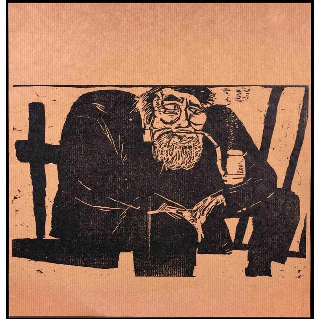 Old Man is an original woodcut print realized by an unknown artist of early 20th century. Very good condition on a brown...