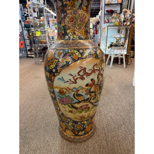 Japanese Vintage Japanese Satsuma Moriage Style Embossed Hand Painted Floor Vase 37in For Sale - Image 3 of 8