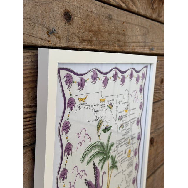 Vintage Florida State Map Handkerchief Framed– Coastal Flamingo Motif For Sale In Naples, FL - Image 6 of 12