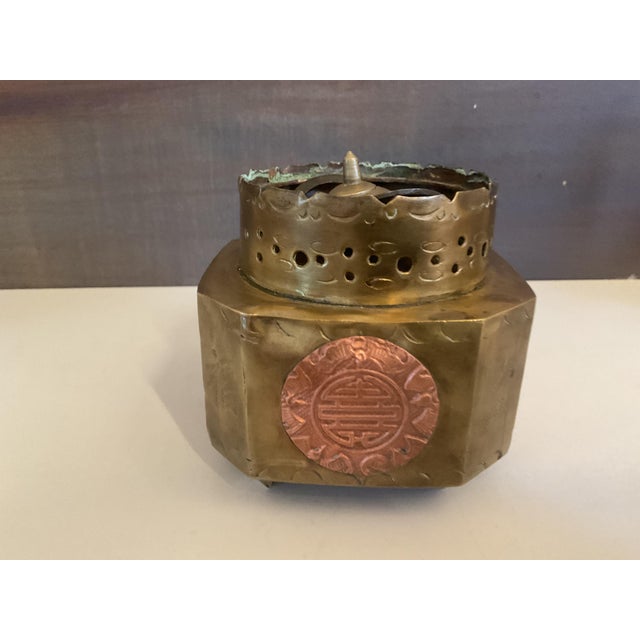 Vintage Brass & Copper Chinese Incense Burner With Longevity Medallion For Sale In Palm Springs - Image 6 of 13