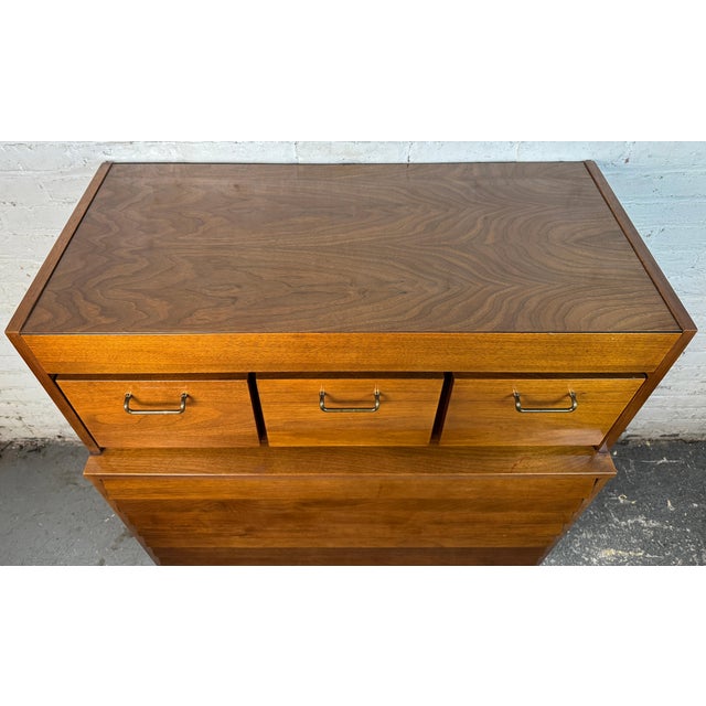 Vintage Merton Gershun-Style Walnut Highboy Dresser by Carlton House For Sale - Image 11 of 17