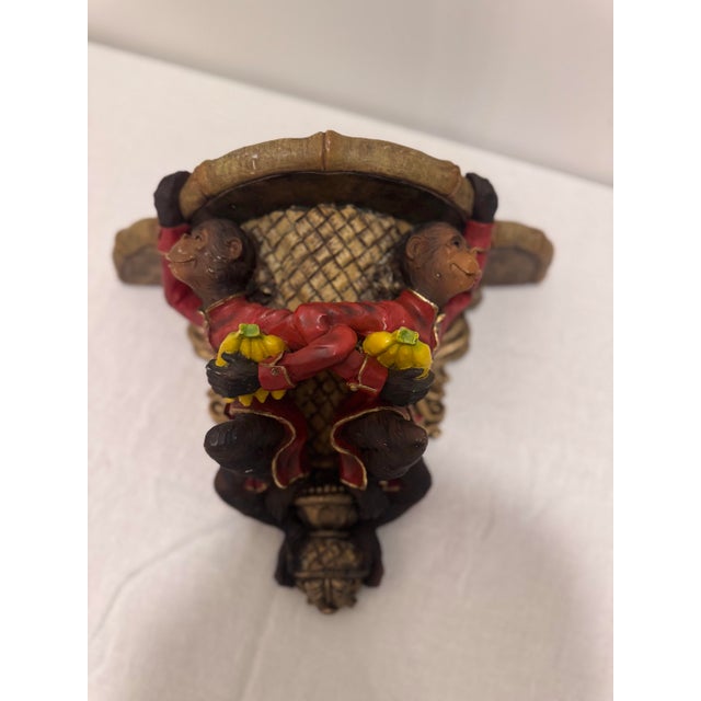 Late 20th Century Hollywood Regency Monkey Wall Shelf Whimsical Red Jacket Bracket With Bamboo Top For Sale - Image 4 of 9