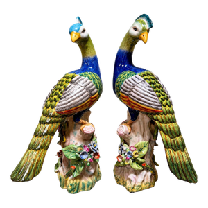 Pair Peacock Bird Figurines Table Sculptures - Hand Painting Chinese Porcelain Book Matching Set - Chelsea House Mottahedeh Style