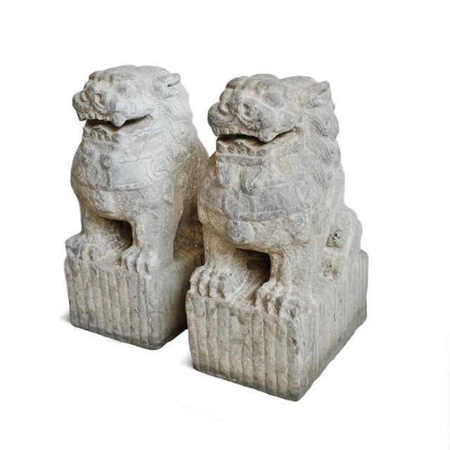 Vintage Kalin stone carved Foo Dog entry statues. These traditional Imperial guardian lions (or foo dogs) are a Chinese...