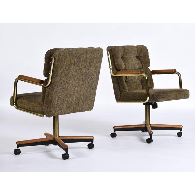 1980s Set of 3 Stoneville Brown Gold and Oak Swivel Armchairs on Casters For Sale - Image 5 of 17