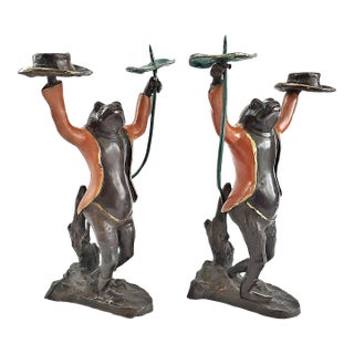 Candlestick Pair Large Antique Hand Painted Bronze Frogs For Sale