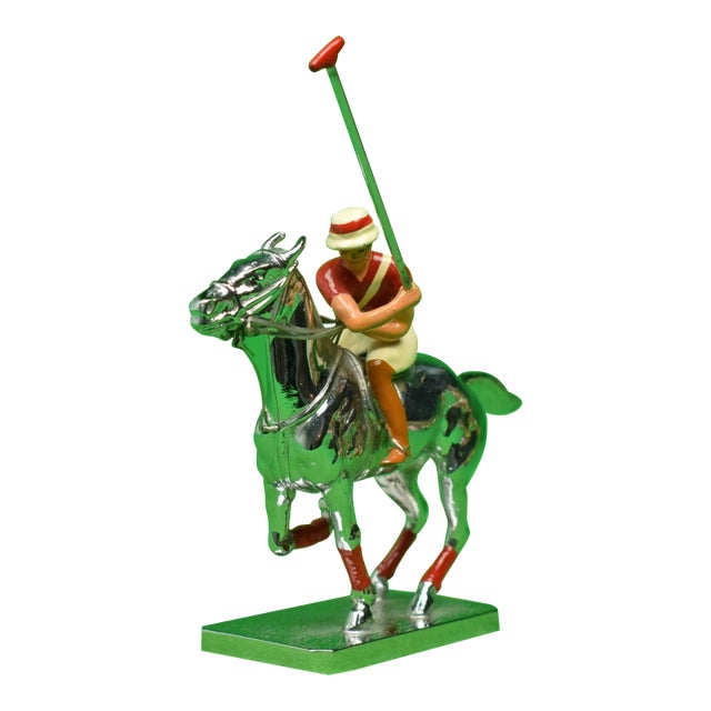 Late 20th Century Lejeune Chrome Polo Pony & Player With Red Stripe Jersey Colour Car Mascot For Sale