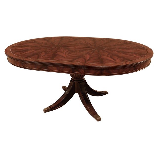 Round Mahogany Pedestal Table, Opens to 66" Oval With a Self-Storing Leaf, Duncan Pfyfe-Inspired Saber Leg Pedestal For Sale - Image 4 of 12