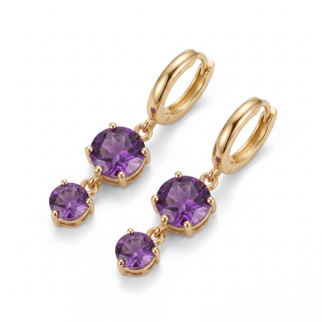 Dainty Amethyst Double Stone Huggie Hoop Drop Earrings - A Pair For Sale - Image 4 of 4