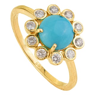 1.25ct Turquoise & Diamond Floral Vintage Cocktail Ring Size 6 in 14k Yellow Gold For Sale
