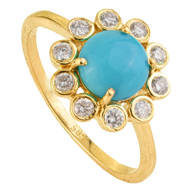 1.25ct Turquoise & Diamond Floral Vintage Cocktail Ring Size 6 in 14k Yellow Gold For Sale