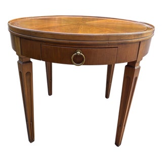 1970s Mid-Century Modern Baker Walnut Round Sunburst Pattern Lamp, Side, Accent Table For Sale