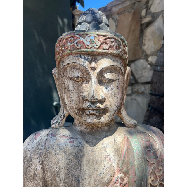 Gray Late 19th Century Vintage Carved Painted Antique Seated Buddha For Sale - Image 8 of 9