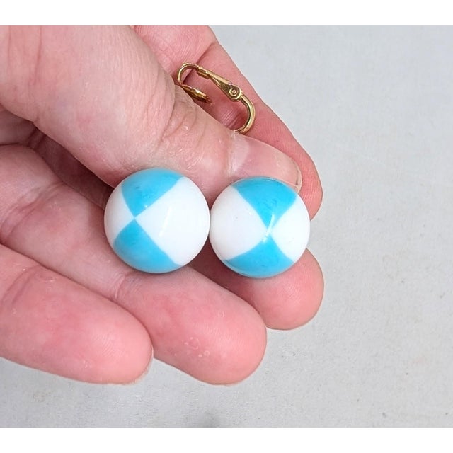 Metal Vintage 1950s Signed Crown Trifari White & Turquoise Checked Drop Clip Earrings-2 Pieces For Sale - Image 7 of 10