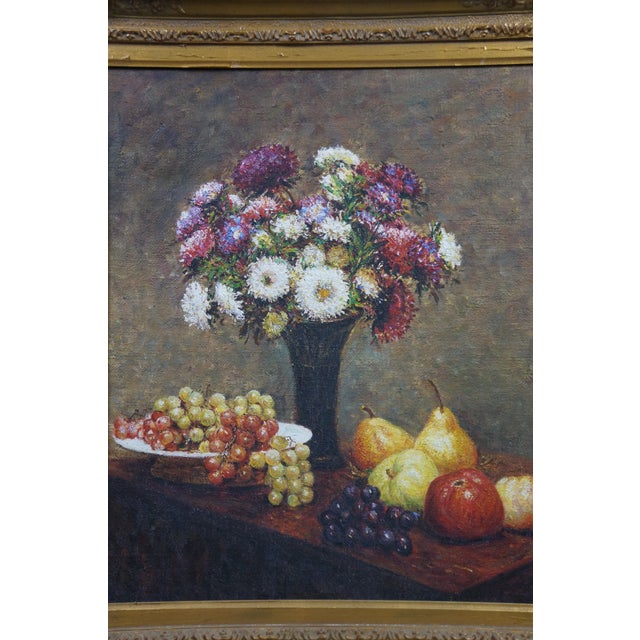 Late 20th Century Asters and Fruit on a Table Oil Painting on Canvas After Henri Fantin Latour 31" For Sale - Image 9 of 10