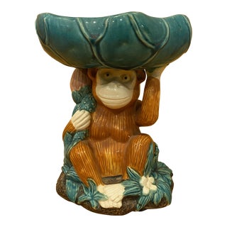 1970’s Majolica Style Monkey W/ Bowl For Sale