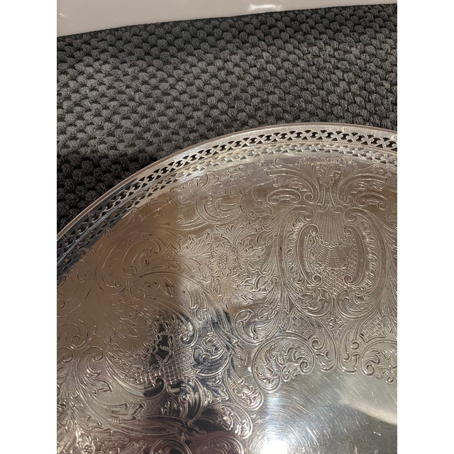 Barker Brothers & Cie Vintage Silverplate English Round Tray With Pierced Galley Around the Tray For Sale - Image 4 of 6