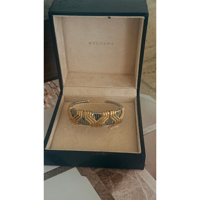 1990s Bulgari Parentesi Tubogas 18k Gold & Stainless Steel Cuff Bracelet For Sale - Image 14 of 14